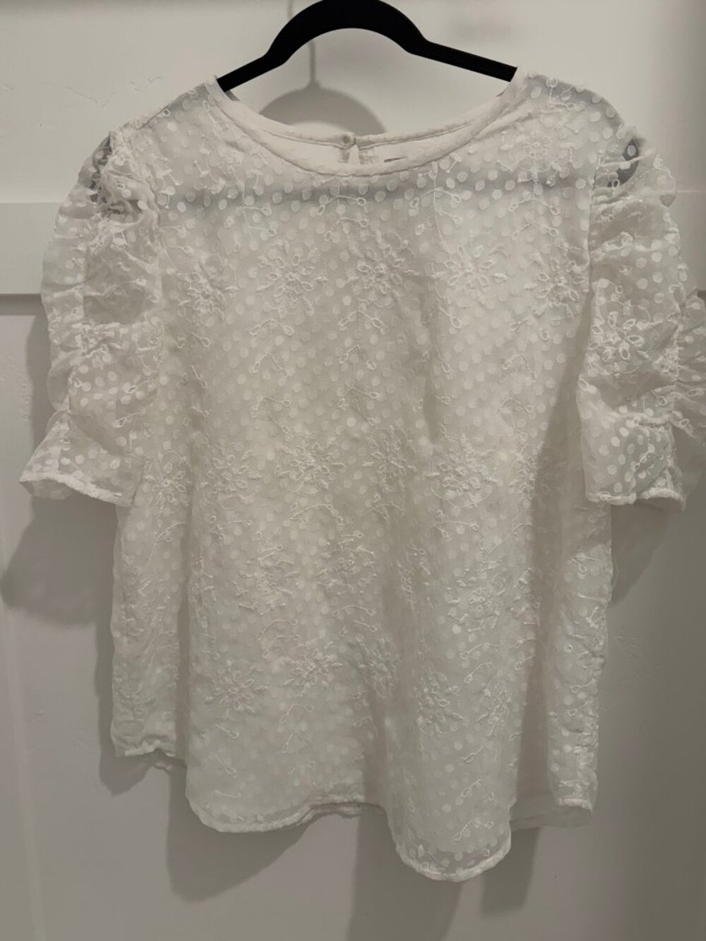 LOFT White Embroidered Swiss Dot Blouse Puff Sleeve Sheer Top Size L